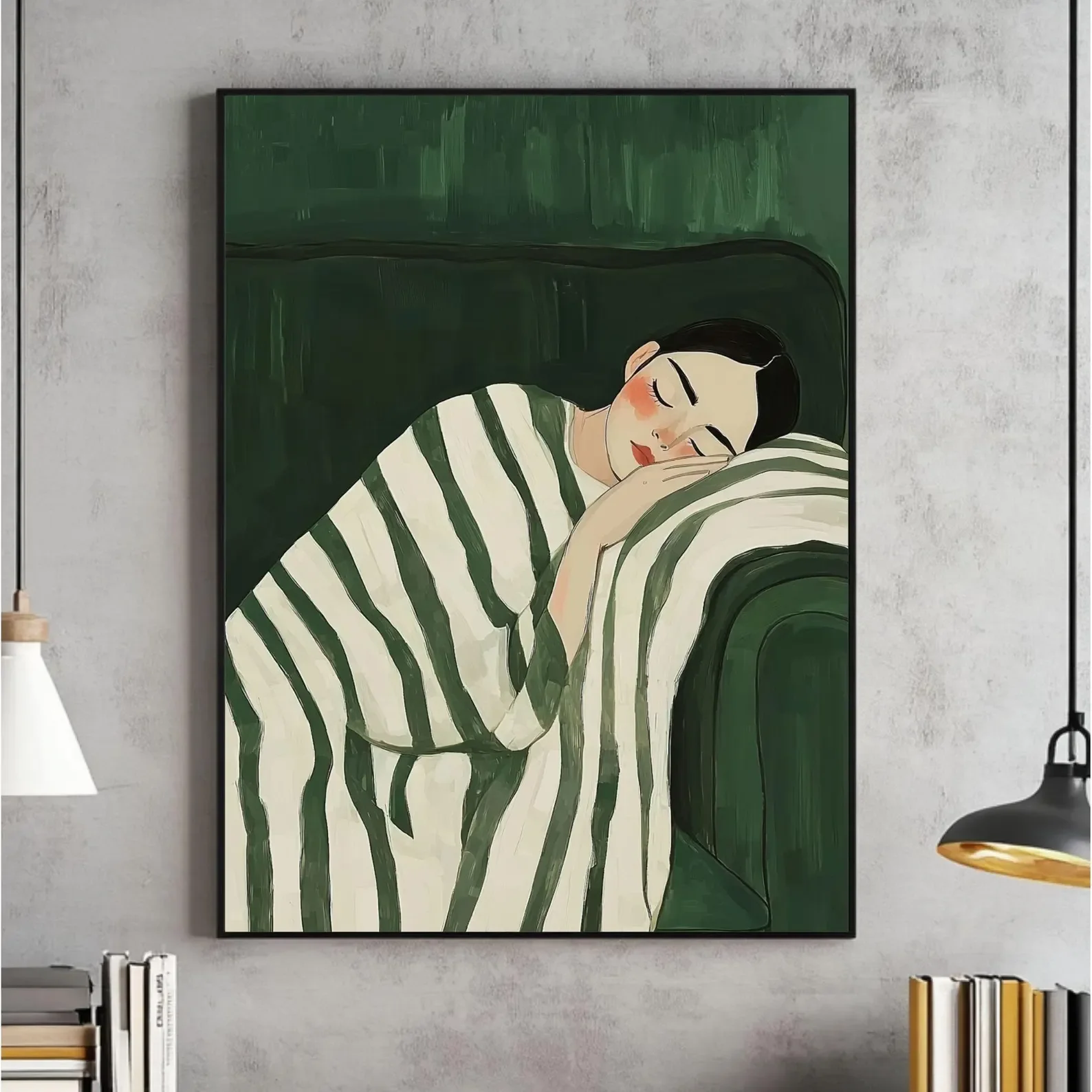 Emerald Green Abstract People Large Wall Art, Contemporary Artwork, Minimalist Print, Living Room, Stripe Woman Printable, Di