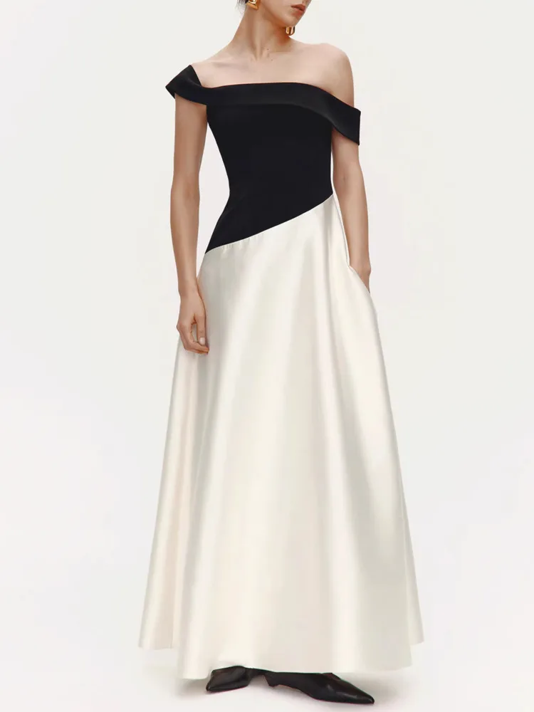 QMQA Mode Dames High-end Kleurblokkerende Satijnen Avondjurk Elegante Slanke Avondfeestjurk 2026 Vrouwelijke Nieuwe Kleding M1045