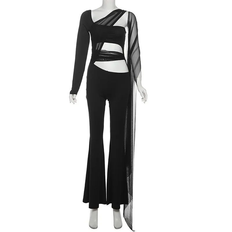 Women Mesh Patchwork Ribbon Slim Black Flare Pants Hollow Out Strapless One Shoulder Long Sleeve Party Overall Streetwear Romper