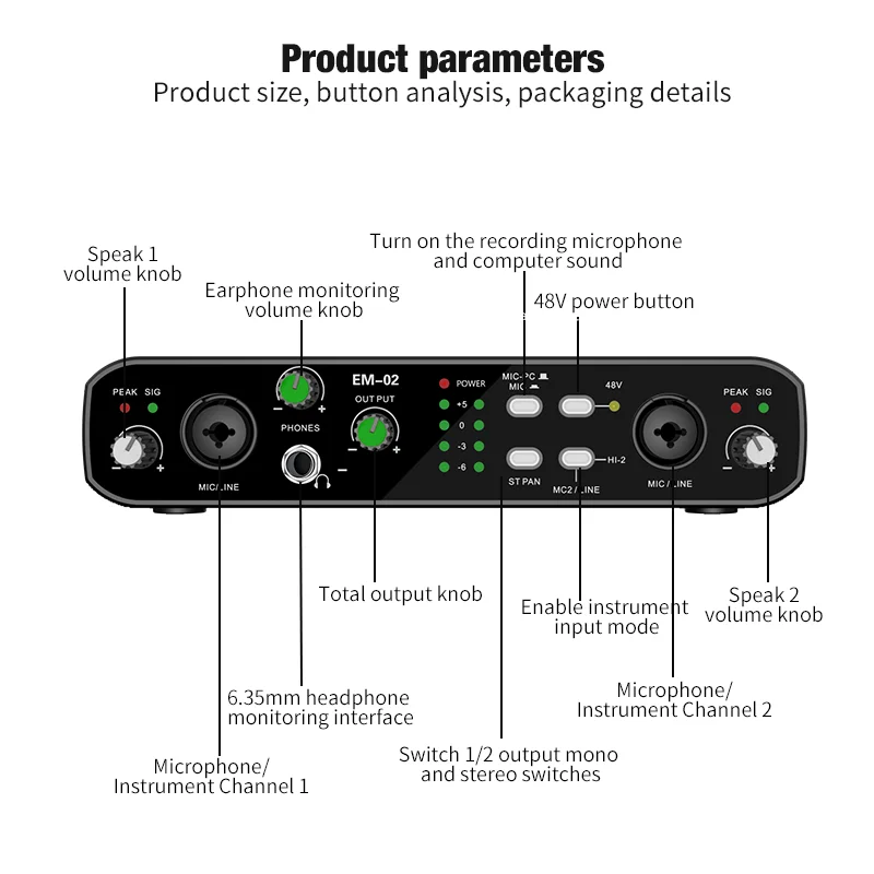 Audio Interface With Microphone 48V Preamp 32-bit/384KHz Audio Resolution For Electric Guitar Live Professional Studio Singing