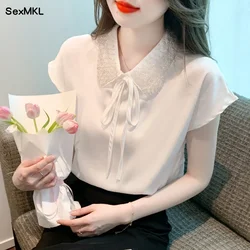 Summer White Chiffon Blouses Women 2026 Fashion Short Sleeve Office Ladies Shirts Bow Elegant Korean Style Black y2k Tops Mujer