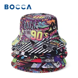 Bocca Vintage Pattern Bucket Hat 80s 90s Fisherman Hats Printing Panama Cap For Men Women Unisex Double Sides Sunscreen Street