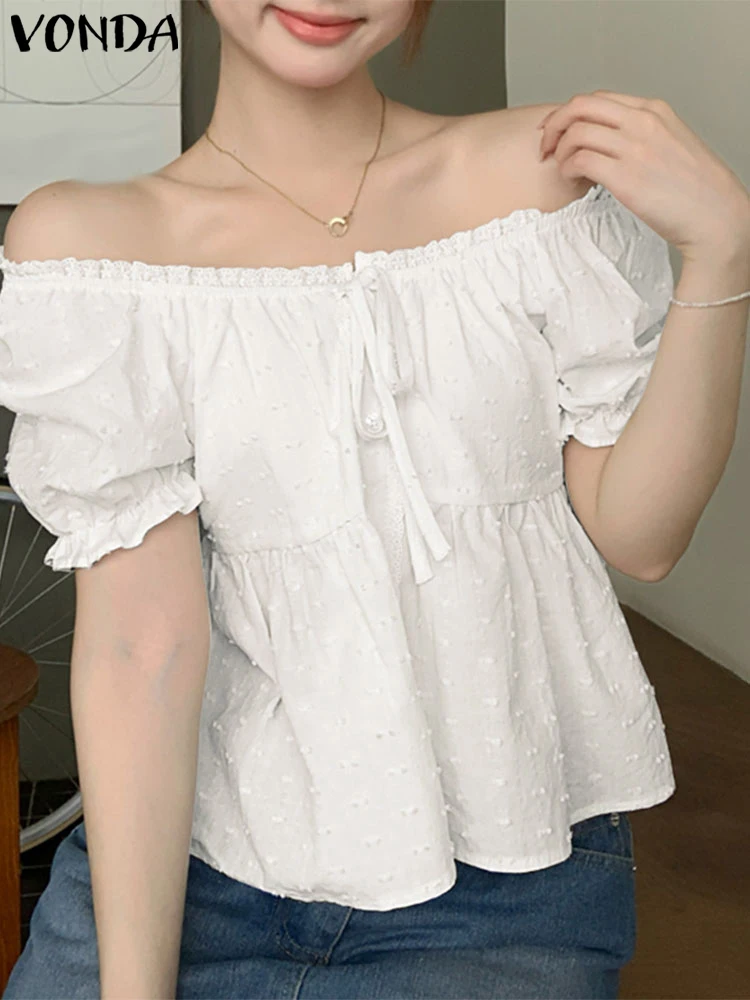

VONDA Off The Shoulder Shirts Women Tops Lace Blusas 2025 Summer Short Puff Sleeve Tunics Lace-Up Buttons Solid Ruffled Tops