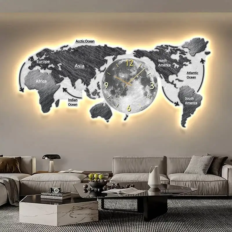 World Map Glowing Wall Clock Living Room Digital Clock Nordic Luxury Design Mural Lamp Villa LED Silent Wall Clock Home Decor