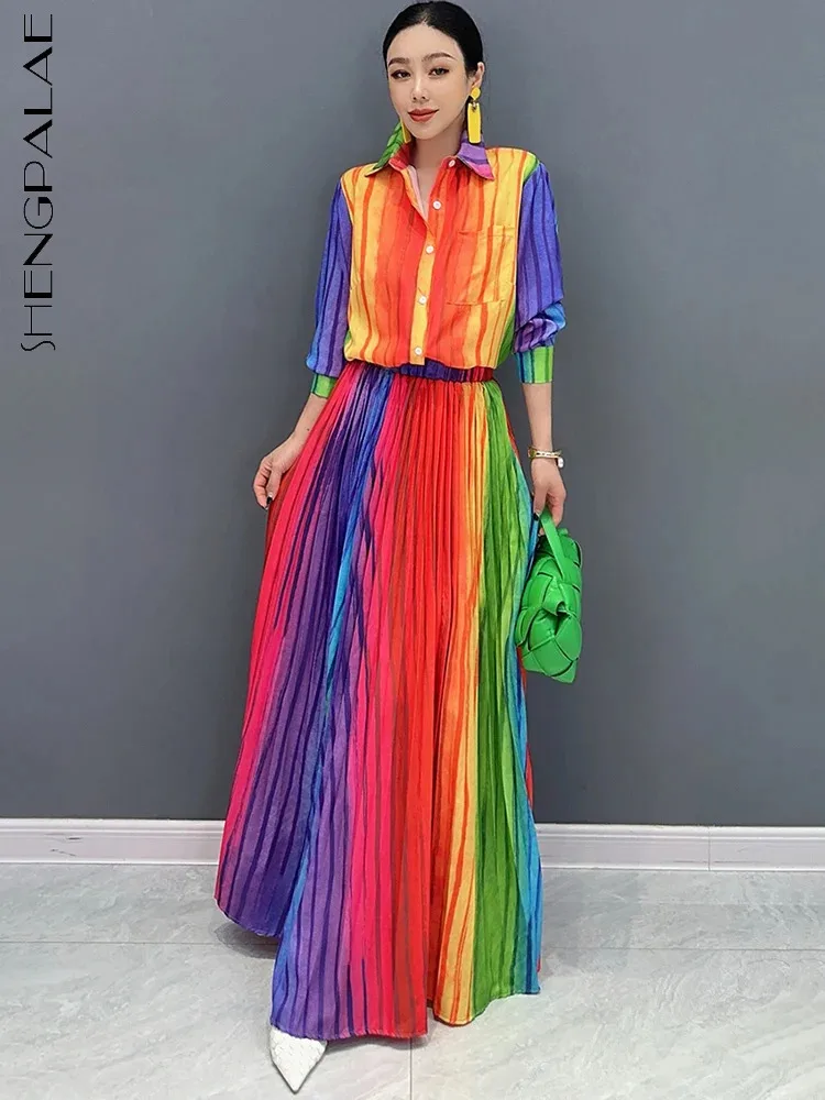 SHENGPALAE Fashion Two Piece Women\'s Set Colorful Shirt With Pleats Colorful Large Hem Long Skirt 2024 Spring Summer New 5R9884