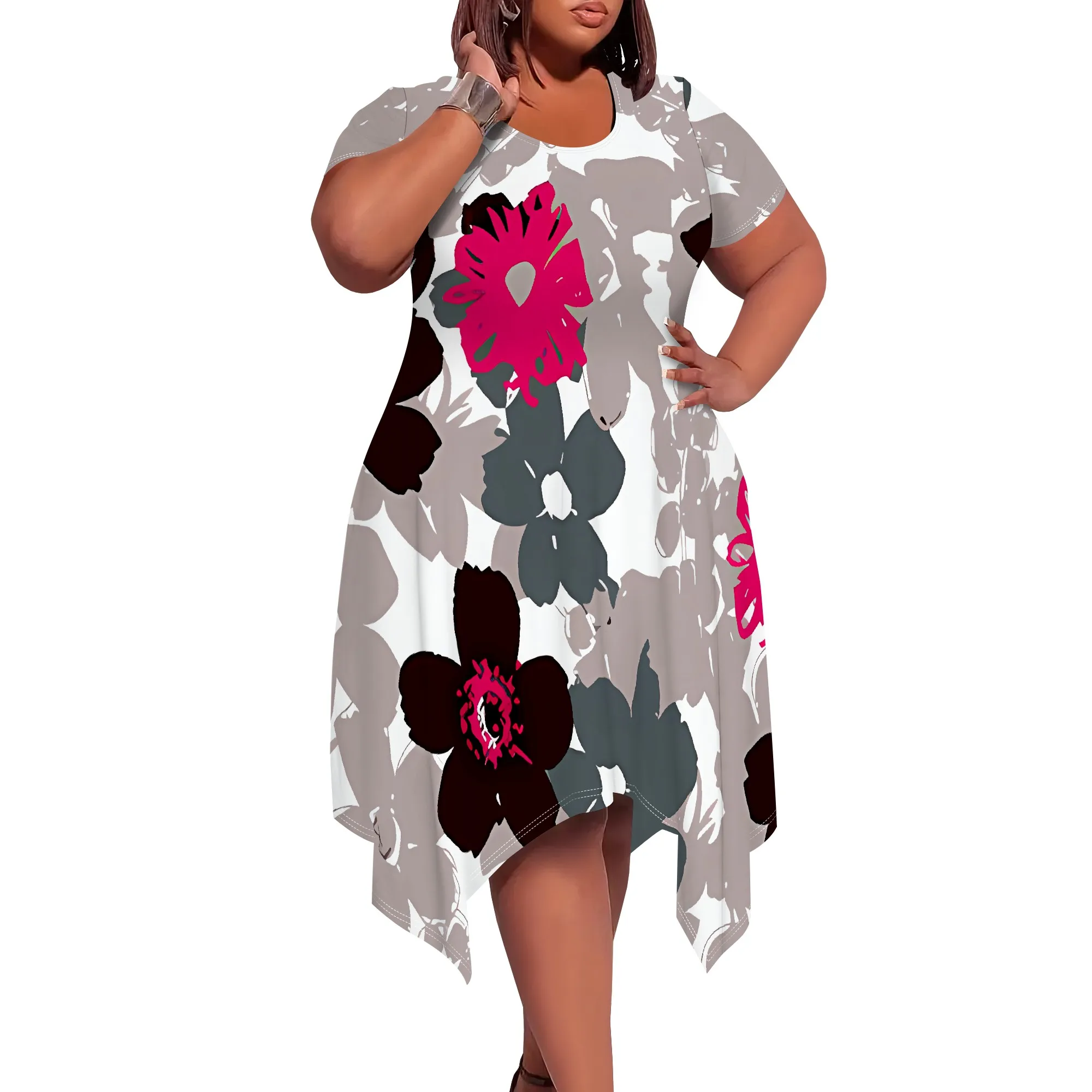 플러스 사이즈 여성 여름 패션 인쇄 반팔 라운드 넥 여성용 루즈 캐주얼 미디 드레스 포켓 포함