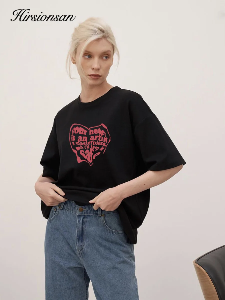 Hirsionsan lettera cuore stampato T Shirt donna estate cotone morbido manica corta Tee femminile oversize Higt Street Gothic top