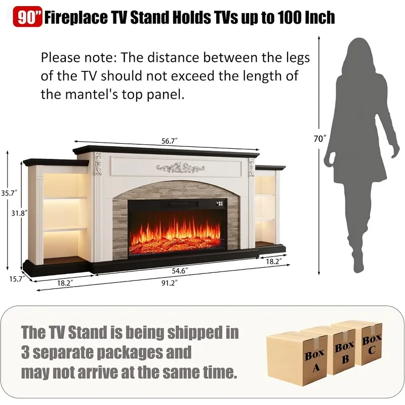 90inch Electric Fireplace TV Stand Fireplace with Mantel Holds TVs up to 100 Inch White Entertainment Center with 36