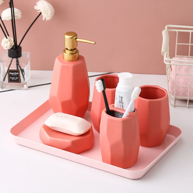 

Macaroon Color Wash Set for Bathroom Five-Piece + Tray Mouthwash Cup Toothbrush Cup Kit Creative Minimalist Hygiene Bathware Set