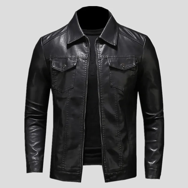 Men's Motorcycle Leather Jacket Large Size Pocket Black Zipper Lapel Slim Fit Male Spring and Autumn High Quality Pu Coat M-5Xl