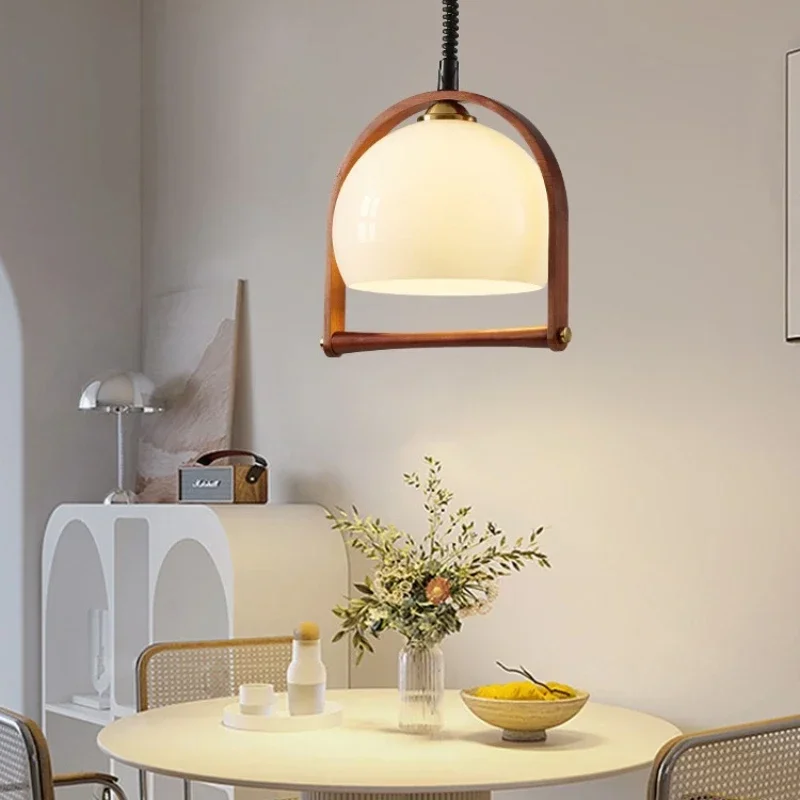 

SANDYHA Modern Solid Wood LED Pendant Light Glass Lampshade Chandelier for Restaurant Living Room Bedroom Decoration