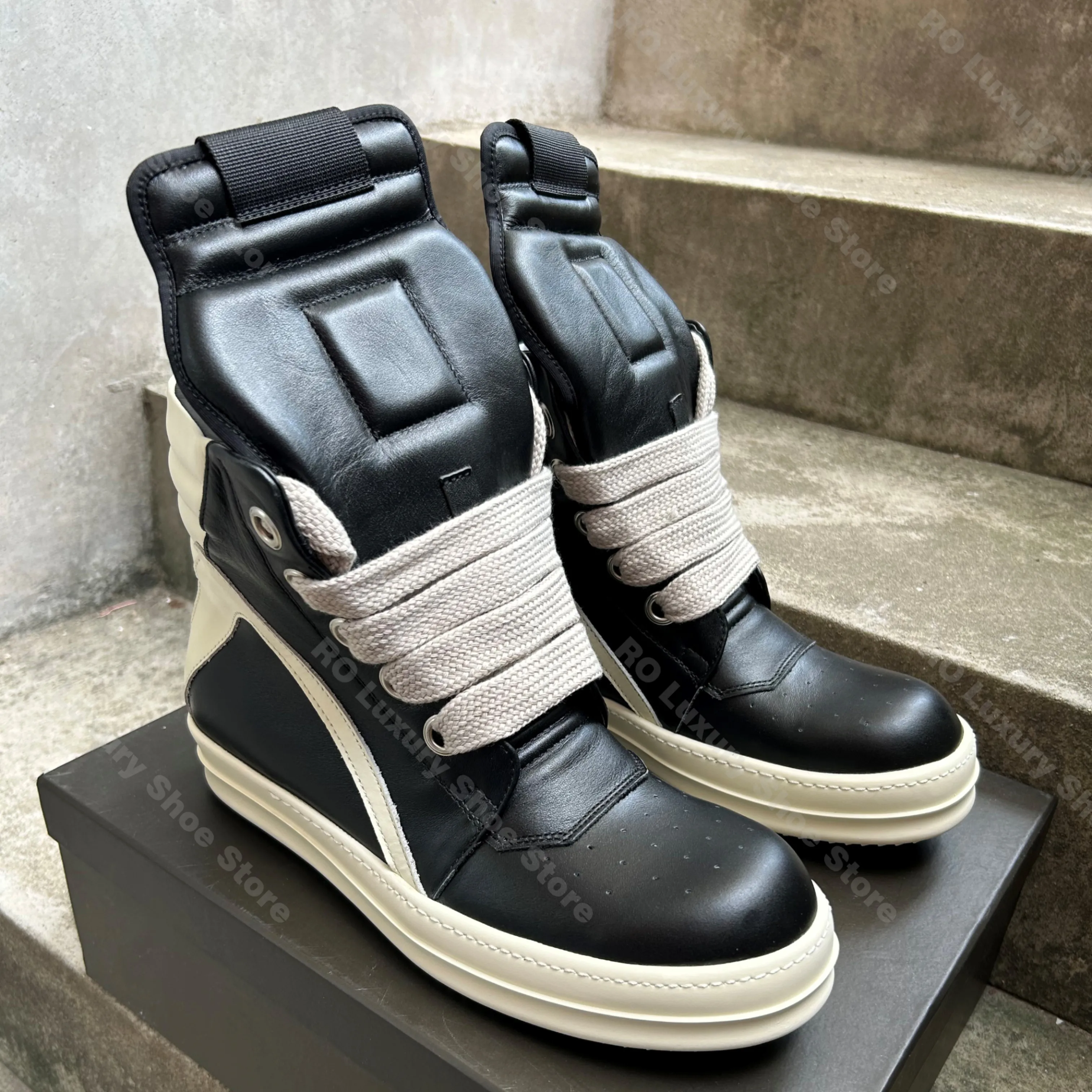 

Brand Men Shoe High Top Women Sneaker Jumbo Lace Up Ankle Boot Geobasket Designer Black Leather Zip Boot Casual Flat Luxury Shoe