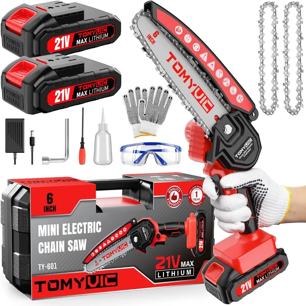 

6" Cordless Electric Handheld Chainsaw, 21V, 2 Rechargeable Batteries, for Tree Trimming & Wood Cutting