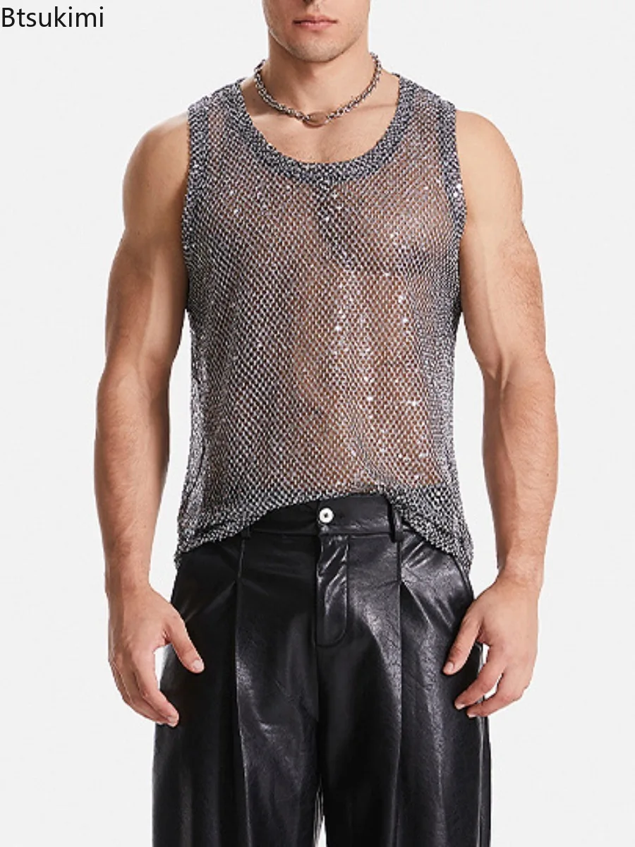 Sexy Men\'s Hollow Out Mesh Tank Tops Fashion Sequin Woven Casual Sleeveless Vest Tops 2024 See Through Streetwear Male Waistcoat