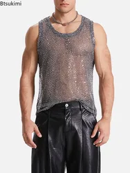 Sexy Men's Hollow Out Mesh Tank Tops Fashion Sequin Woven Casual Sleeveless Vest Tops 2024 See Through Streetwear Male Waistcoat