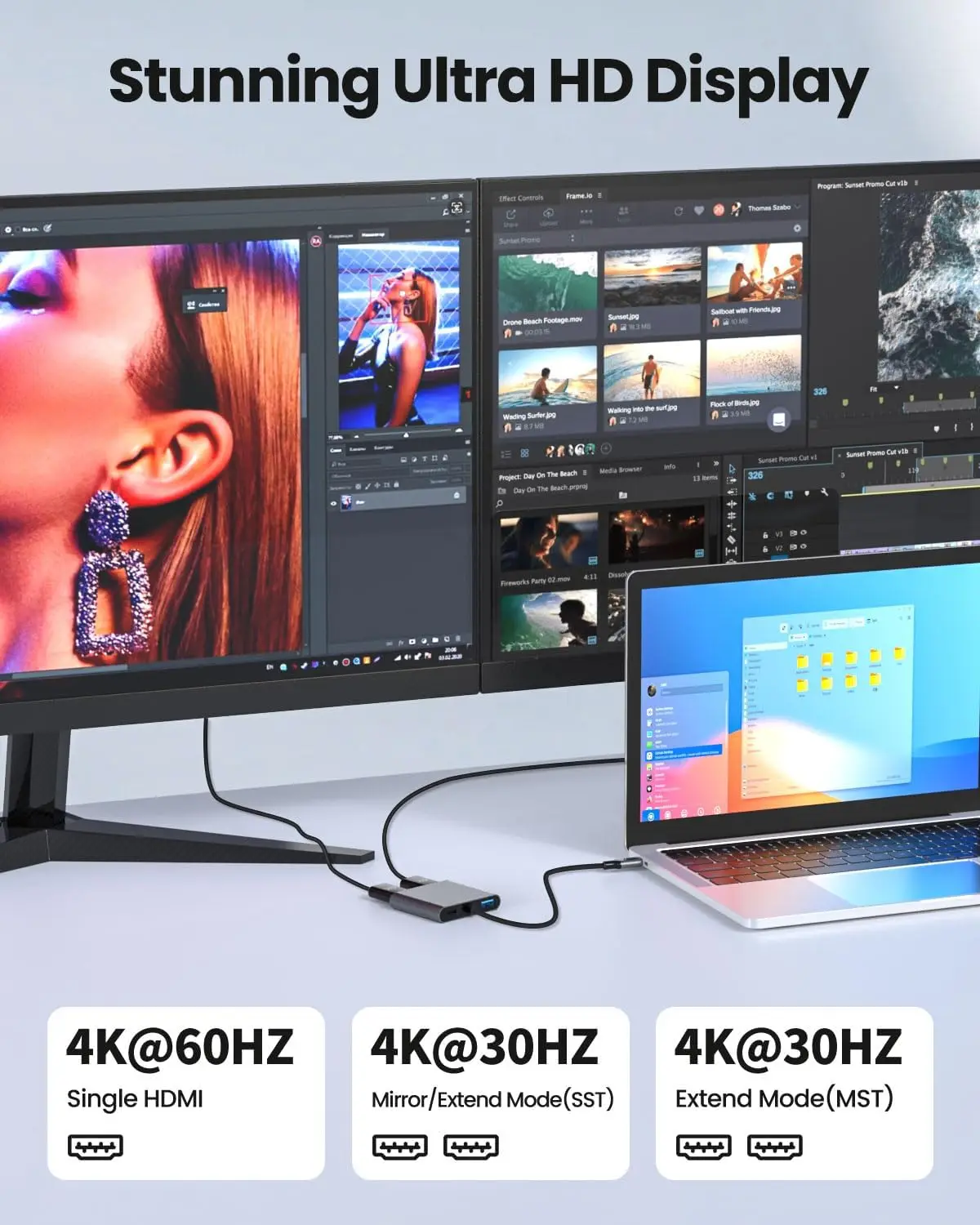 محول USB C إلى HDMI مزدوج، محول USB من النوع C إلى شاشة HDMI مزدوجة 4K@60HZ HDTV Splitter لجهاز MacBook Chromebook