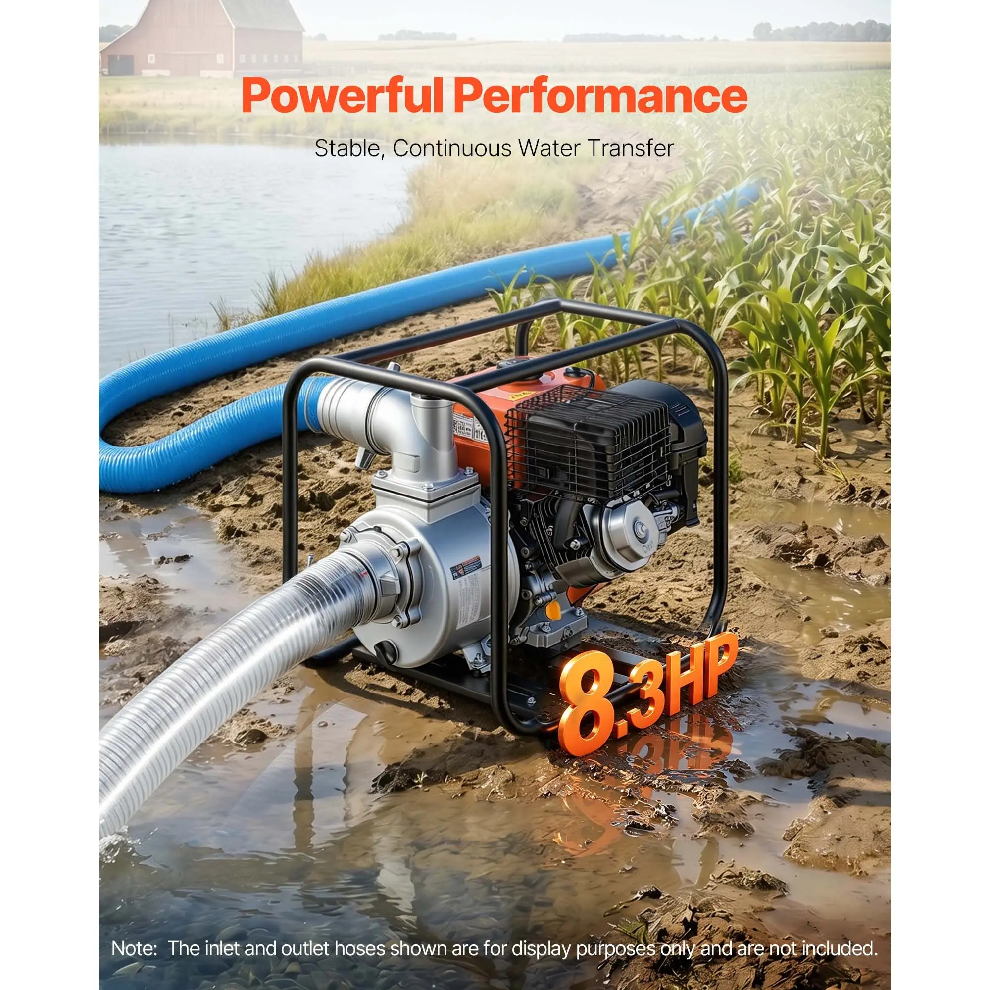 Gas Powered Water Pump, 4 in, 422 GPM 8.3HP Semi Trash Water Transfer Pump Portable, Gasoline Engine with 25 ft Discharge Hose