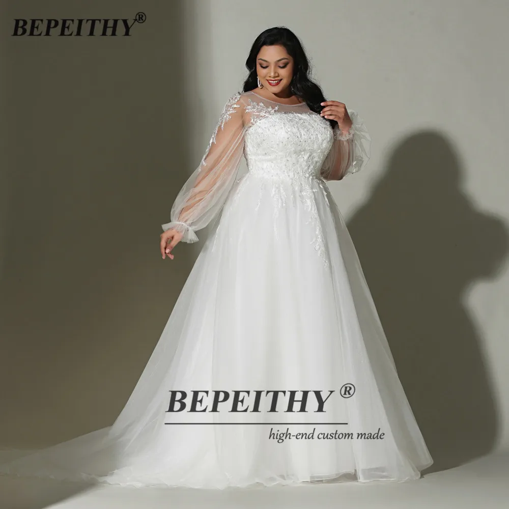 BEPEITHY-vestidos de novia con cuello redondo personalizados para mujer, vestidos de novia de manga completa para mujer, vestido de novia con cuentas de encaje blanco, primavera 2023