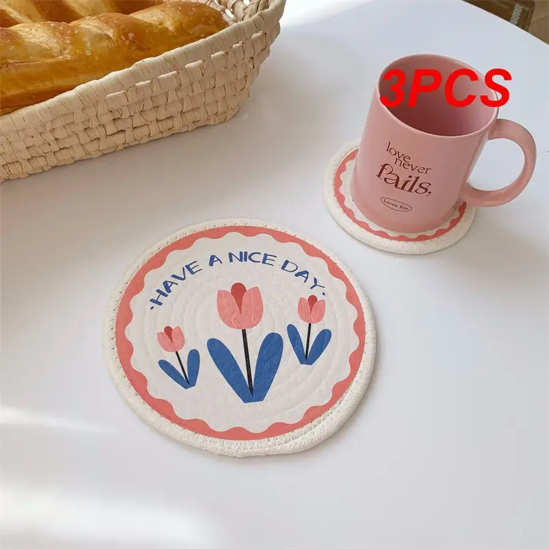 3PCS Round Placemat Easy To Clean Tulip Coaster Polyester Fiber Fashionable Western Food Mat Insulated Coasters High Quality