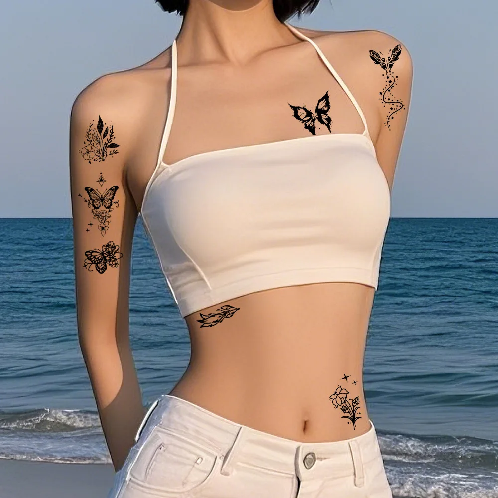 Sexy Black Butterfly Temporary Tattoo 10 Sheets Western Style Realistic Waterproof Body Decal Arm Chest Premium