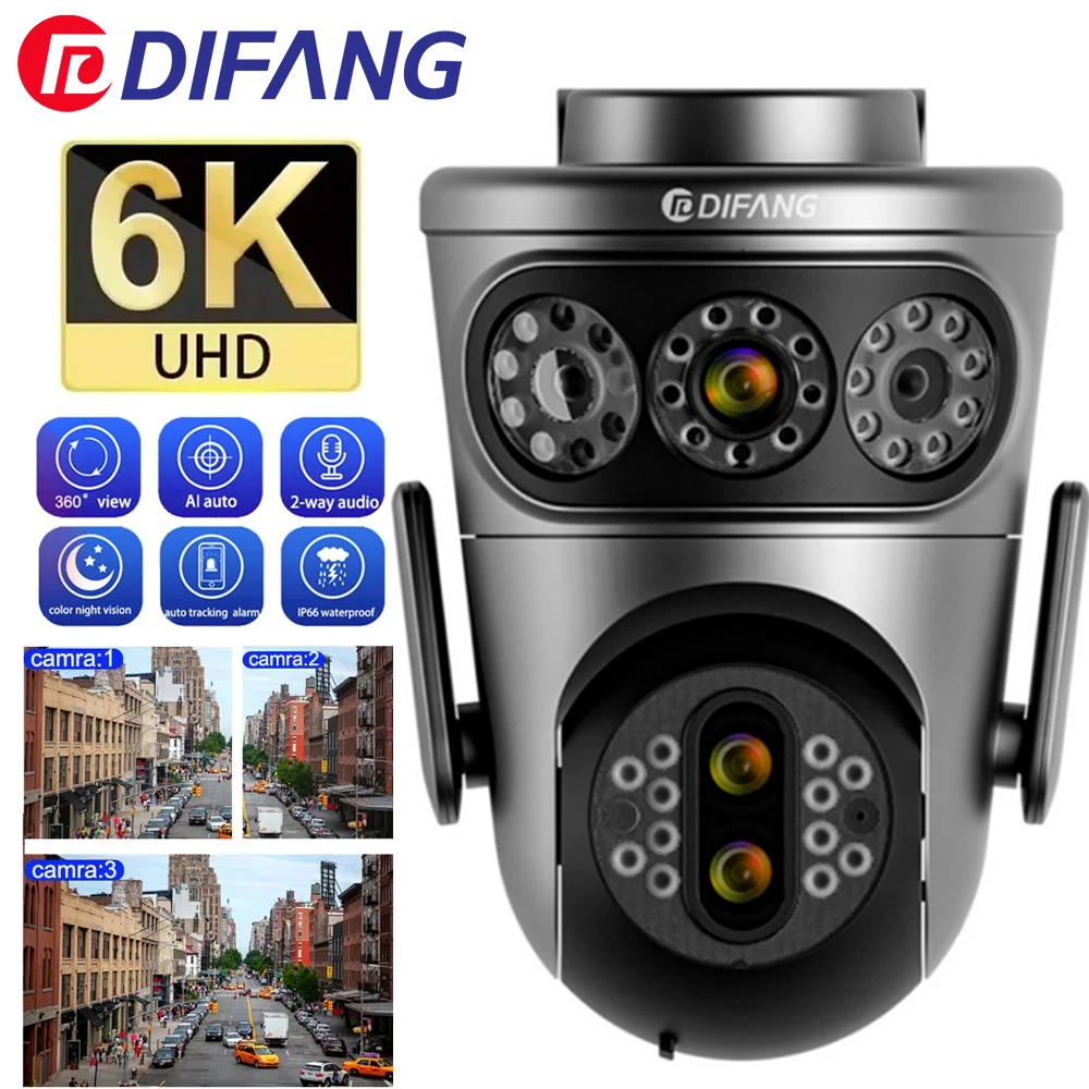 

6K PTZ Wifi IP Camera Three Lens With Three Screen 12MP 10X Zoom Human Detect Auto Tracking Wireless Outdoor Surveillance Camera