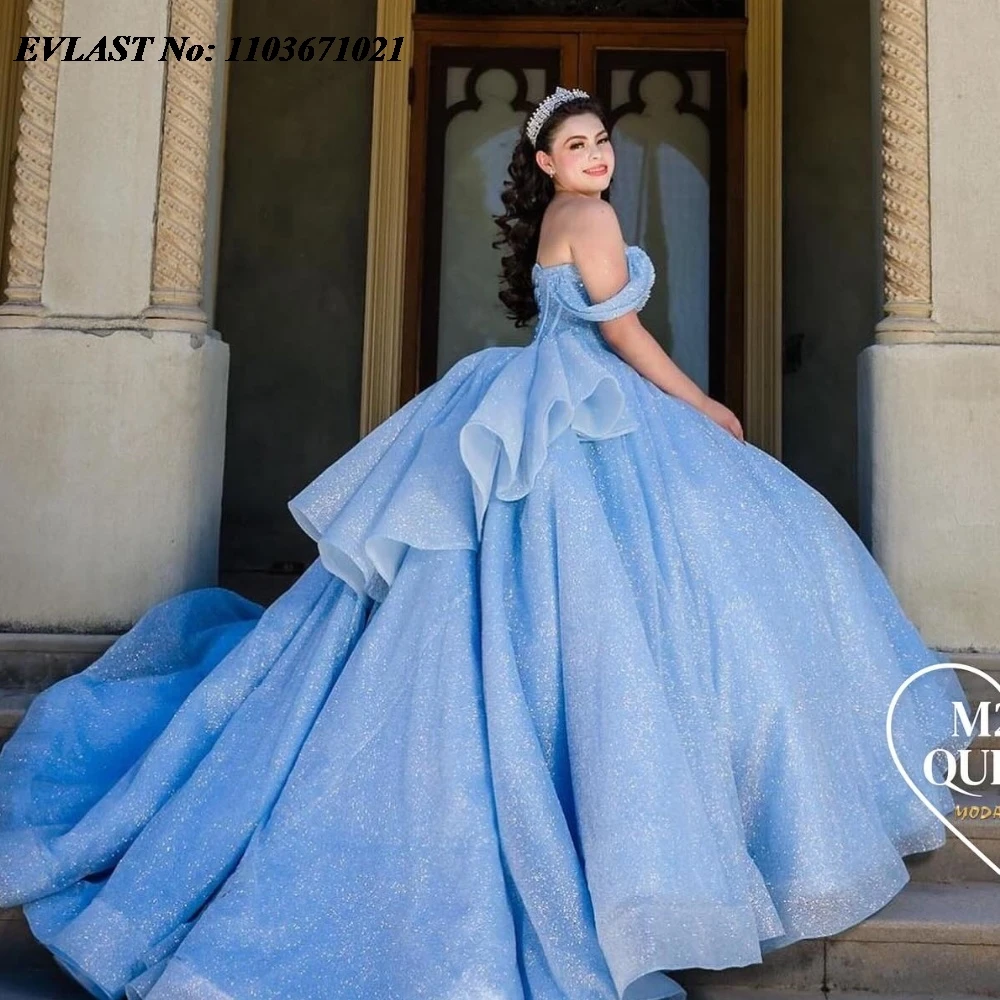 Evlast Mexican Blue Quinnceanera Jurk Baljurk Pailletten Kralen Kristal Gelaagde Korset Sweet 16 Vestidos De 15 Anos Sq450