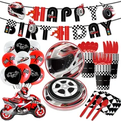 Racing Car Motorcycle Theme Party Disposable Tableware Black White Tablecloth Plates Cups Kids Motorcycle Birthday Party Decors