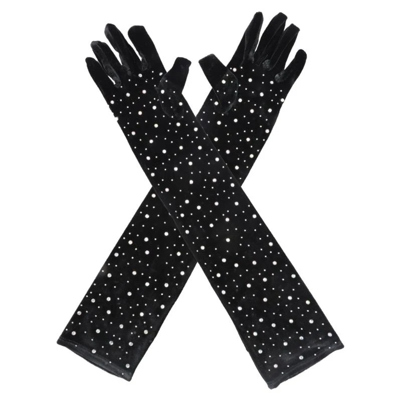 

652F 2pack Rhinestones Meshes Pattern Gloves Arm Length Gloves Wedding Mittens for Stage Performances and Parties