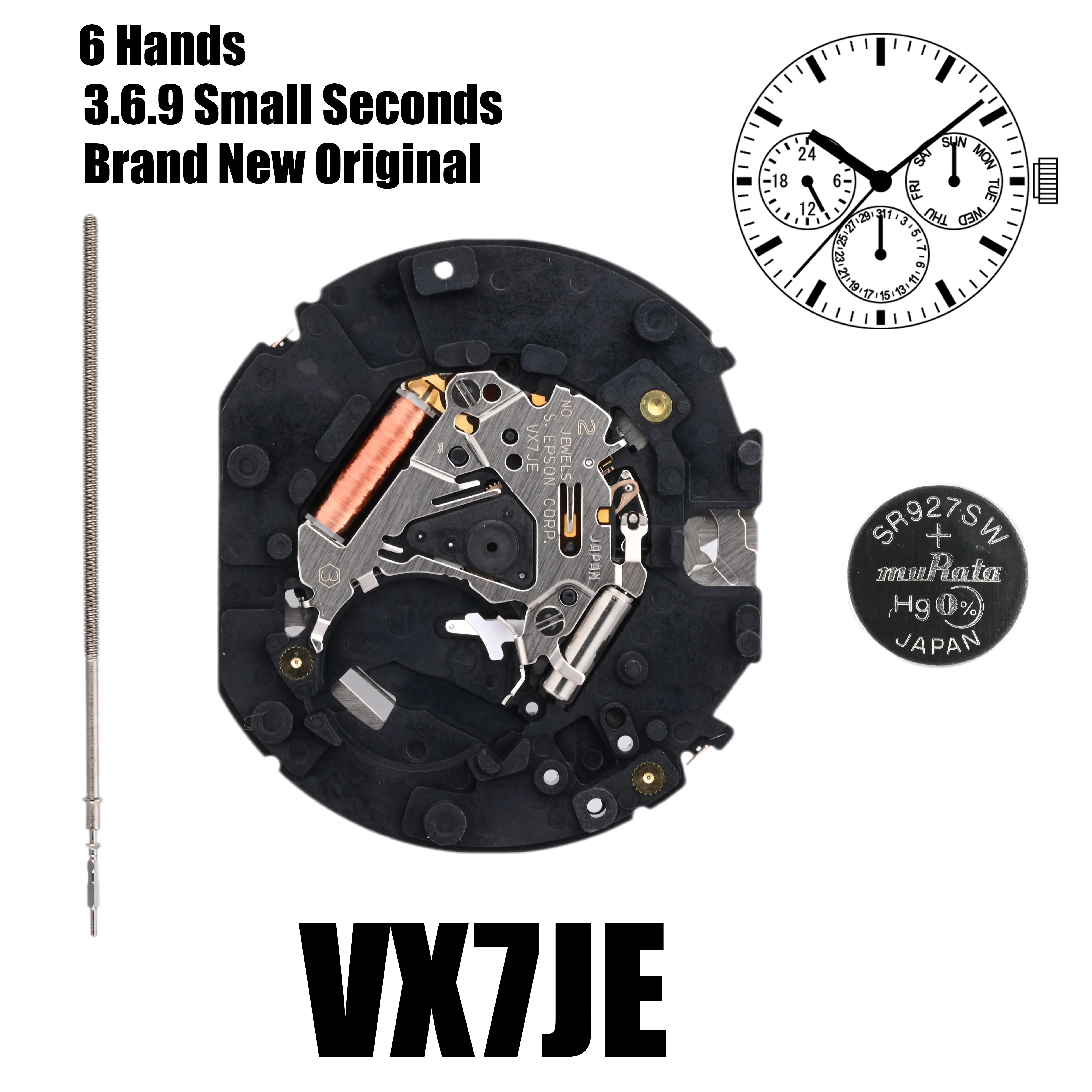حركة VX7J حركة VX7JE سلسلة VX7 حركة كوارتز 3.6.9 ثانية صغيرة الحجم: 12 3/4 بوصة ستة عقارب يوم/تاريخ/24 ساعة