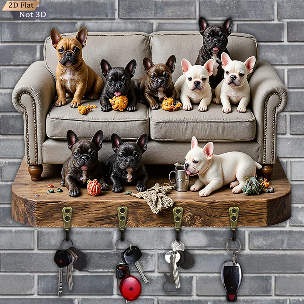 2D Flat, 1pc, French Bulldog Puppy Key Hook, Wooden Multifunctional Home House Key Hook, with Four Metal Hooks, Wall