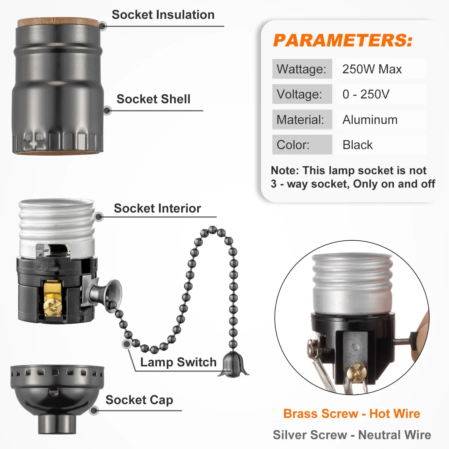 Vintage E26/E27 Lamp Socket with Pull Chain Switch, 3-Pack Black Bulb Base for Table & Floor Lamps Replacement Parts