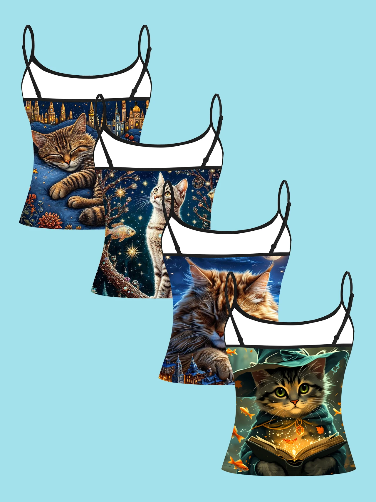 4-Piece Set of Magic Starry Sky Cat Castle Print Camisole Tops for Women, Dreamy Dark Night Fairy Tale Style Slim-Fit Spaghetti Strap Tops