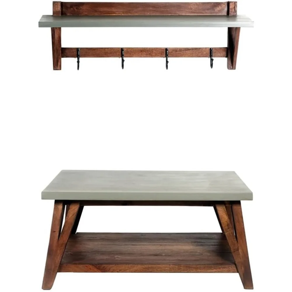 

Brookside Coat Hook and Bench Set, Modern Industrial Style with Concrete-Coated Top, Solid Wood Base