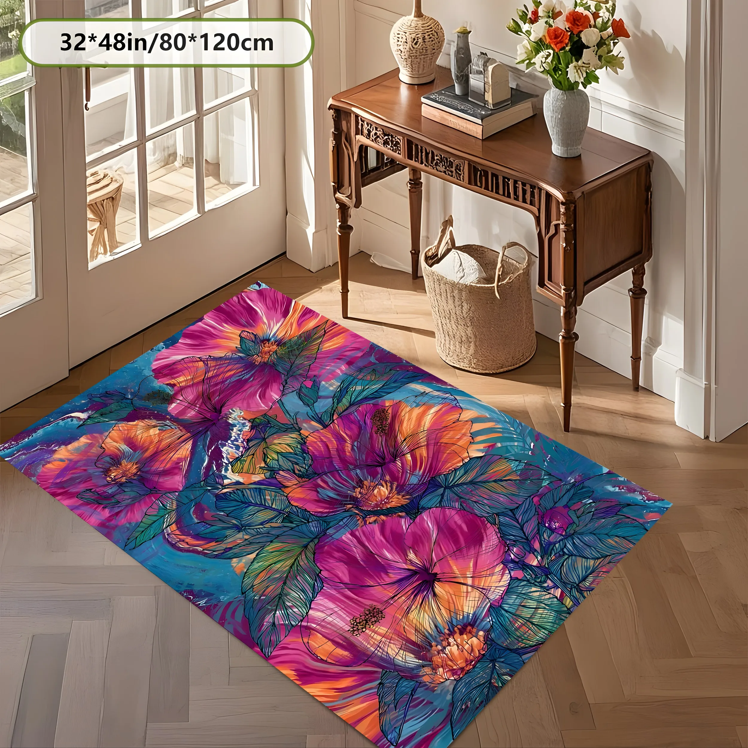 Large Velvet Area Rug Oil Painting Hibiscus Floral Print Soft Comfortable Living Room Bedroom Home Decor Area Rug