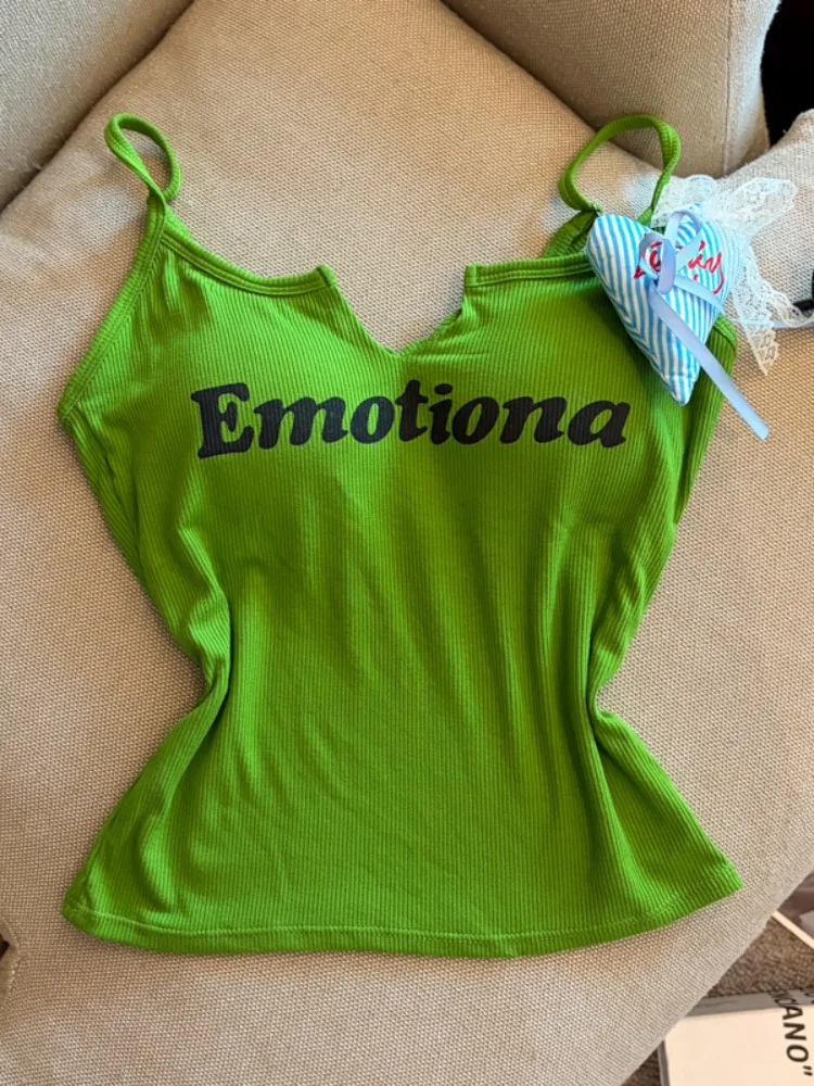 Summer New Style Women's Slim Fit Tank Top with Heart Pin Letter Print Strap Vest Outdoor Wear Waist Cinching Slimming Top