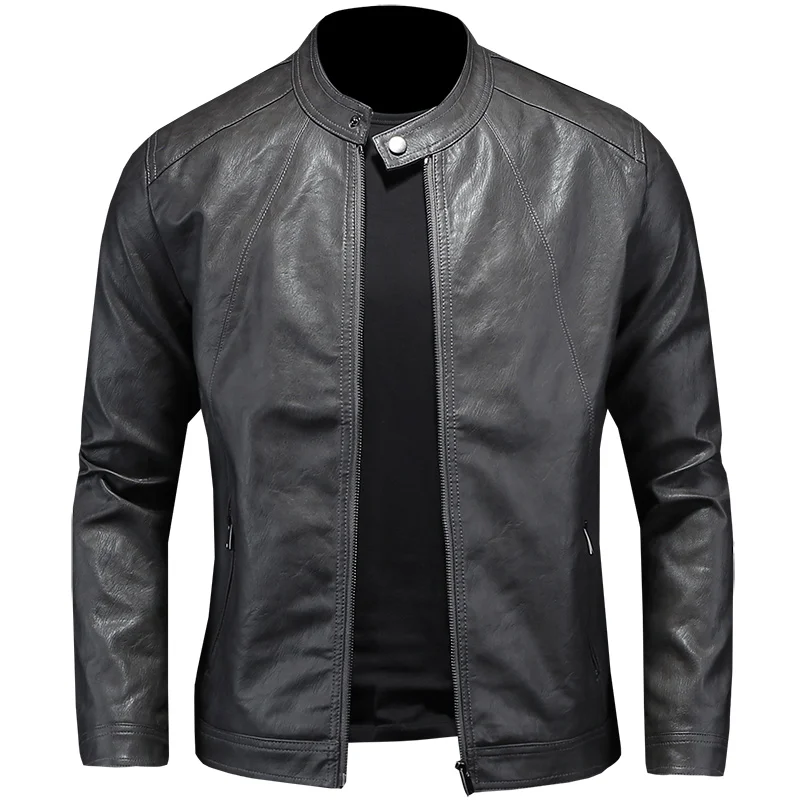 2024 Autumn and Winter New Fashion Handsome with Solid Color Men Stand Collar Motorcycle Leather Coat Slim Fashion   M-5XL