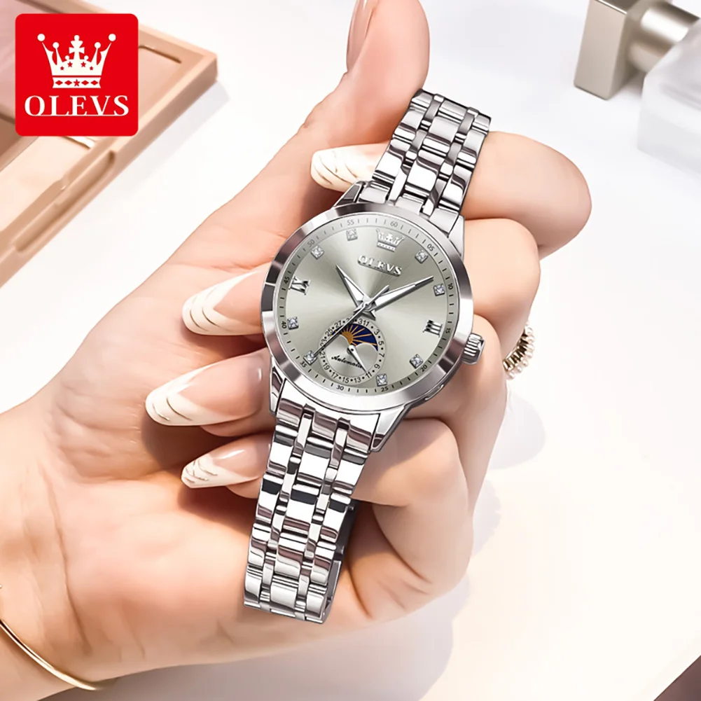 Jam Tangan Pasangan Romantis OLEVS 7041 Fashion Moon Phase Tahan Air Otomatis Mekanis untuk Wanita dan Pria Jam Tangan Tanggal