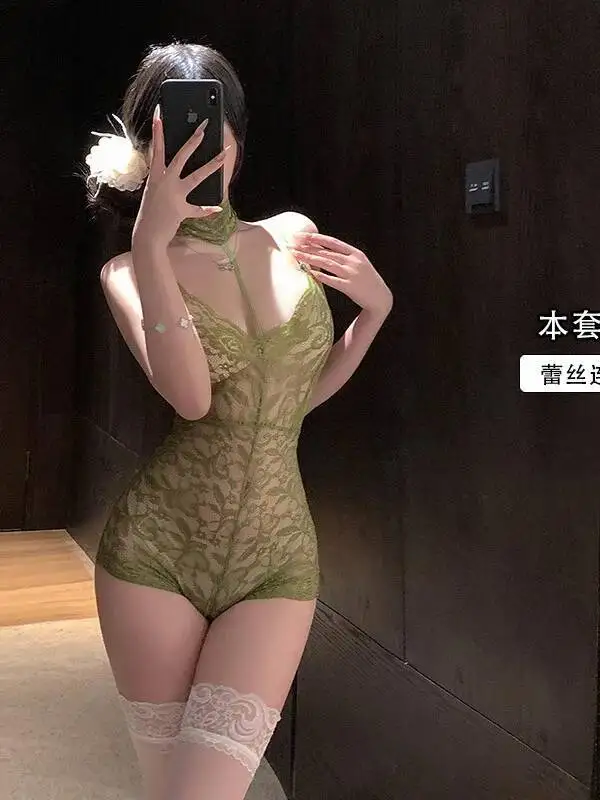 เซ็กซี่ลูกไม้สายคล้องคอชุดบอดี้สูทสีทึบโปร่งใสดอกไม้พิมพ์บอดี้สูทเว้าหลังลึก V สายรัดแขนกุด ZXW9