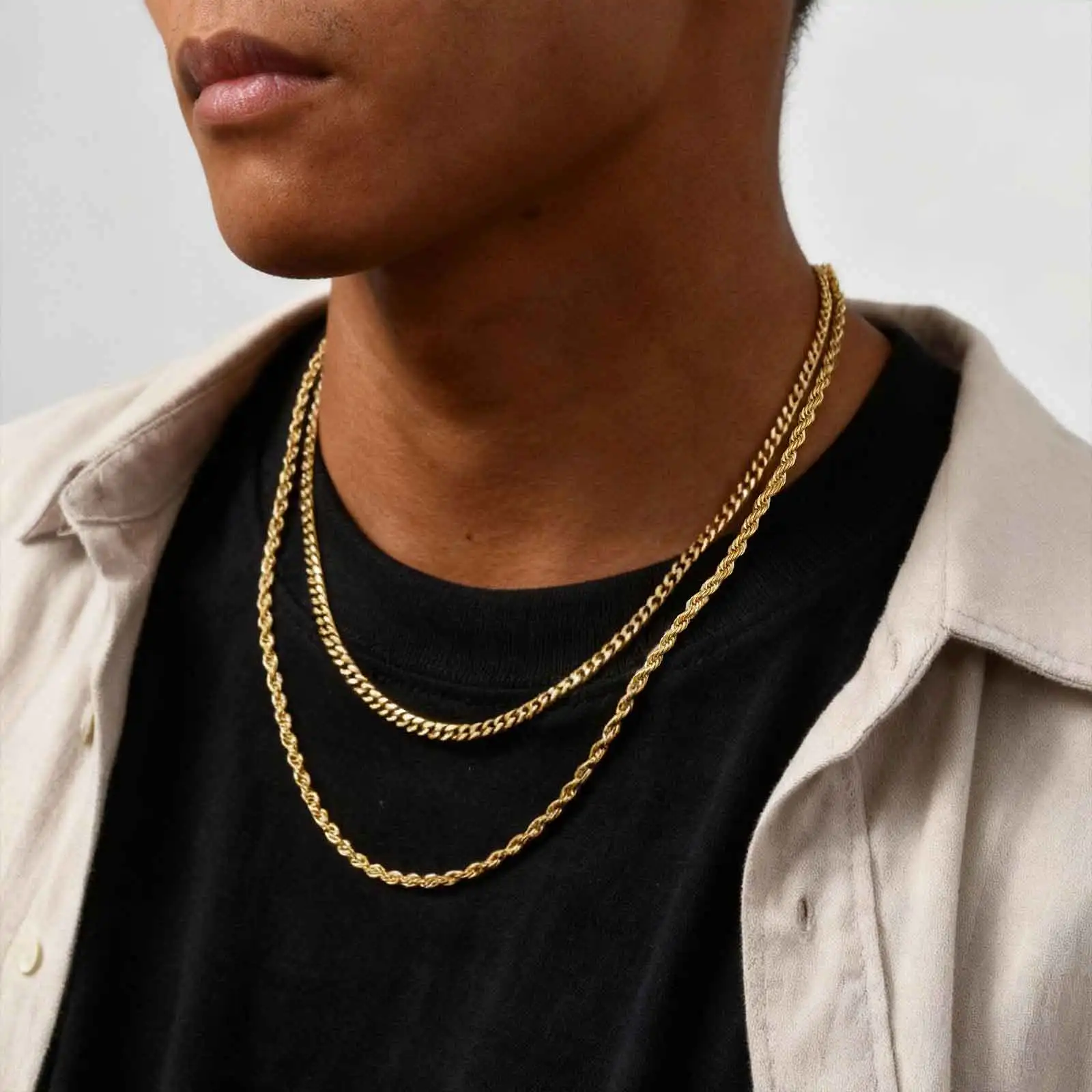 2 Stück Trendige Kettenhalsketten für Männer und Jungen, Edelstahl in Silber- und Goldfarbe, Kubanische Kettenhalsbänder, Kastenkette, Gedrehte Seilkette als Geschenk – Detail 5