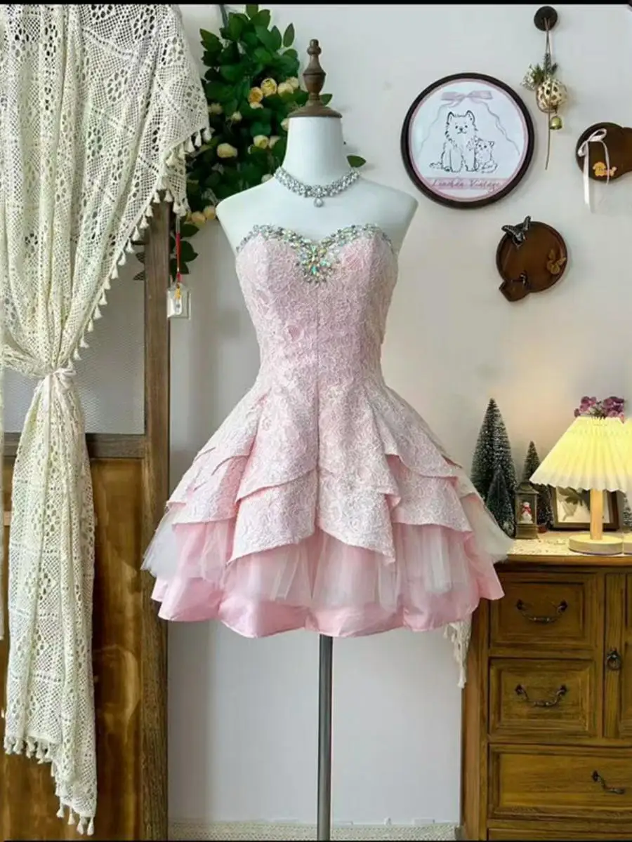 

Retro Elegant Strapless Dress One Shoulder Gentle Style Sexy Small Luxury Gown High Waist No Sleeve for Party Other Material 100
