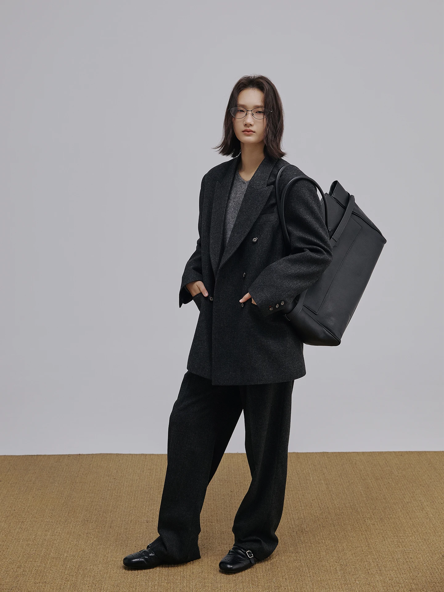 

Red Double-Breasted Loose Casual Women's Suit Straight Leg Pants Neutral Style Woolen Fabric Long Sleeve Flat Collar Regular ...