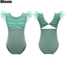 Kids Girls Ruffle Sleeve Ballet Dance Leotard Ruched Mesh Patchwork Cutout Back Bodysuit for Ballet Dance Gymnastics