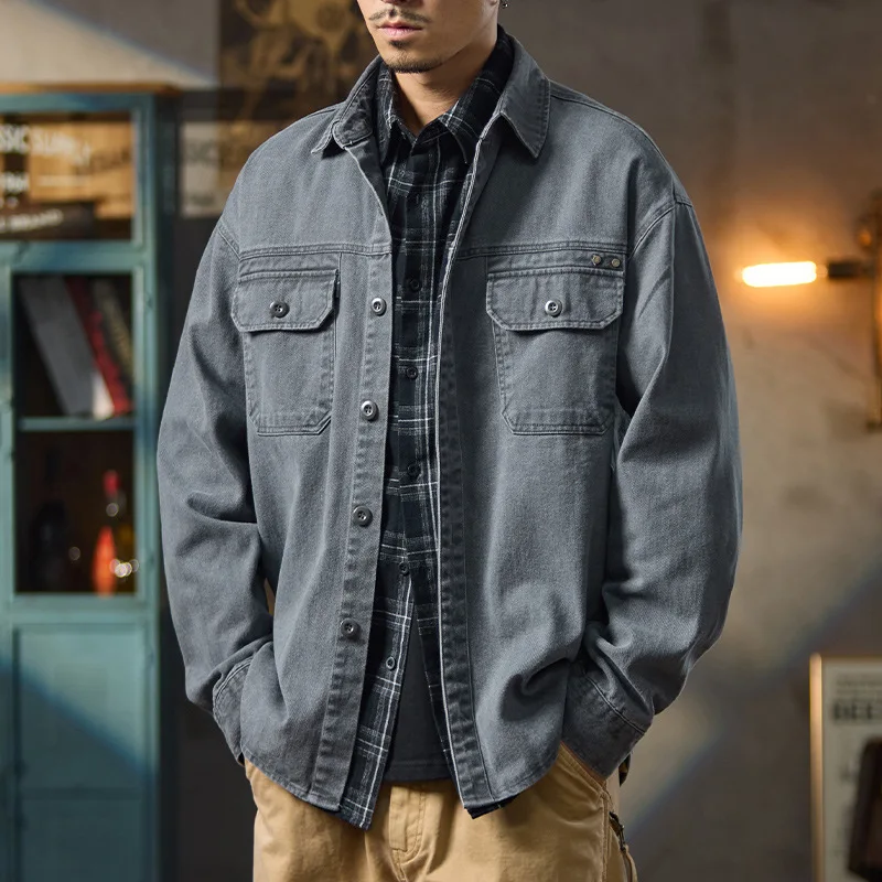 

Мужская джинсовая куртка, весенне-осенняя хлопковая свободная куртка-карго, однотонное пальто с отложным воротником, уличная одежда, джинсовые пальто, мужские