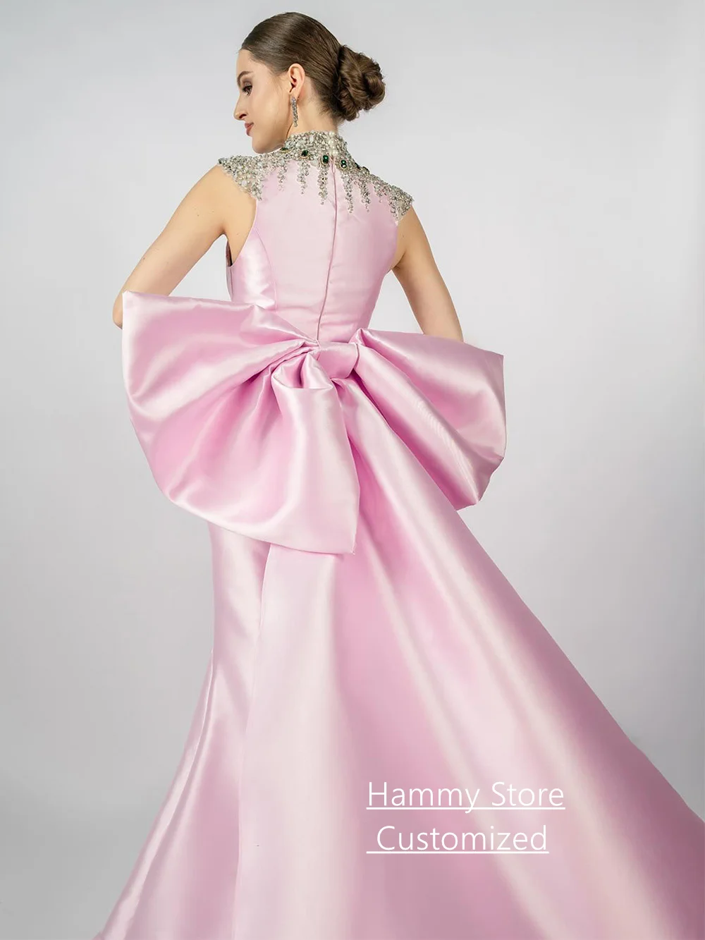 Sexy Mermaid Evening Dresses Customized High Neck Sleeveless Crystal Stones Back Big Bow Saudi Arabia Prom Gown Party Dresses