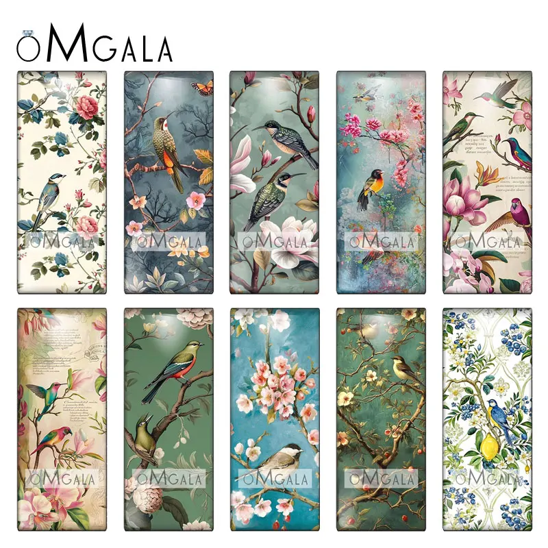 10 قطعة متنوعة 10x25 مللي متر مستطيل الزجاج كبوشن طائر جميل مع الزهور-مثالية لصنع المجوهرات والحرف اليدوية ذاتية الصنع #1