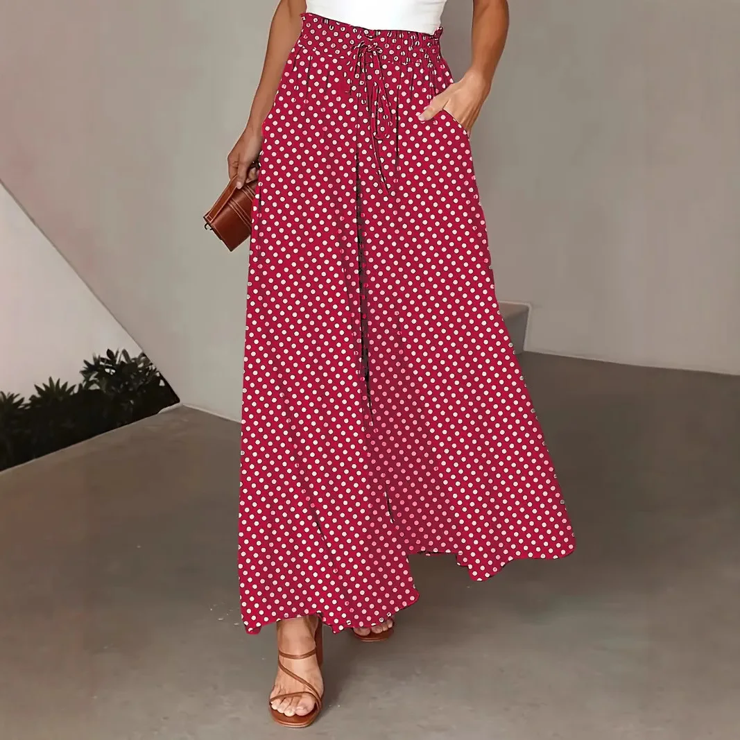 Summer Bohemian Wide-Leg Pants with Elastic Waist and Polka Dot Print Long Skirt Pants for Women
