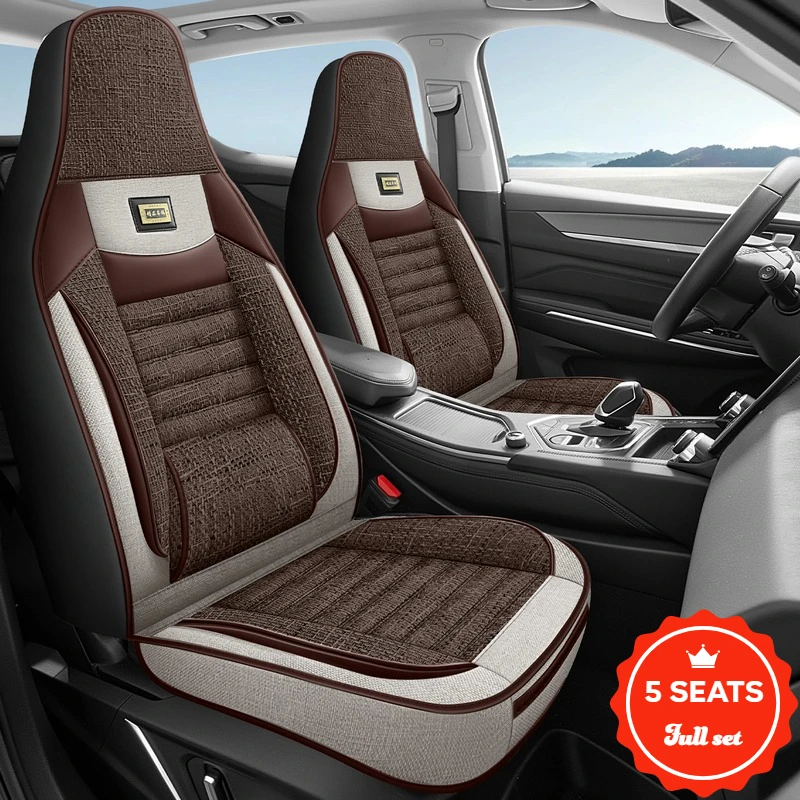 5-Seater Complete Set of Integrated Car Seat Covers, Universal Full Set of Seat Covers, High-End Luxury Upgraded Comfort with Fixed Lumbar Support Design, Fully Enclosed Linen One-Piece Car Seat Covers, Suitable for All Seasons, Wear-Resistant, Durable, Easy to Care For, Suitable for One-Piece Car Seat Covers, Perfectly Compatible with Byd/Tesla/Ev Cars and Other Integrated Seats