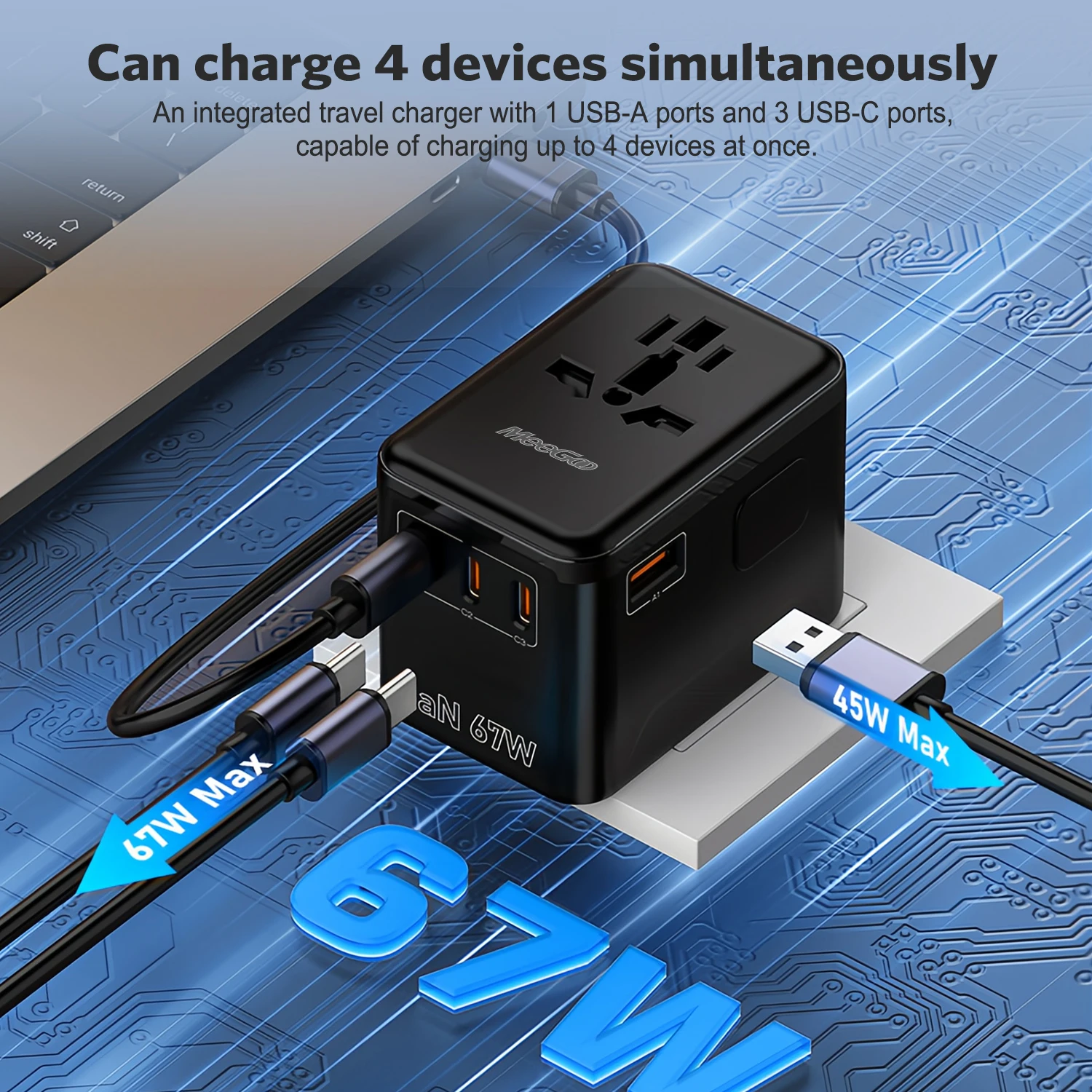 MeeGoo GaN Universal Travel Adapter, 2500W AC Outlet, 67W PD Charging, 1A3C, Global Plug for 180+ Countries, Black