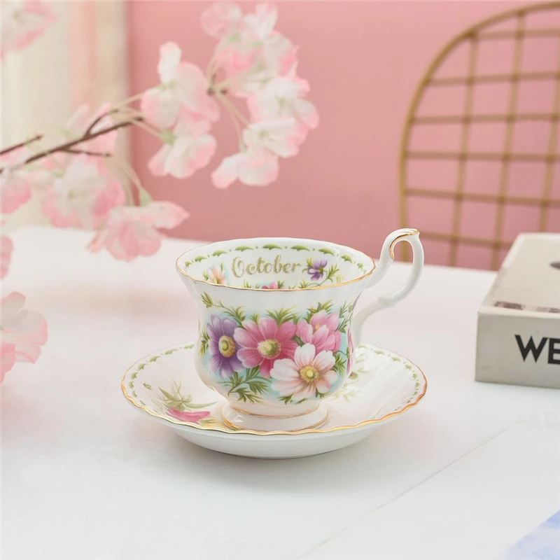 Coffee Cup and Saucer Set Month Flower Mug Bone China Drinking Set Ceramic Cup and Saucer Home Teacup Dessert Saucer Gifts - Image 4