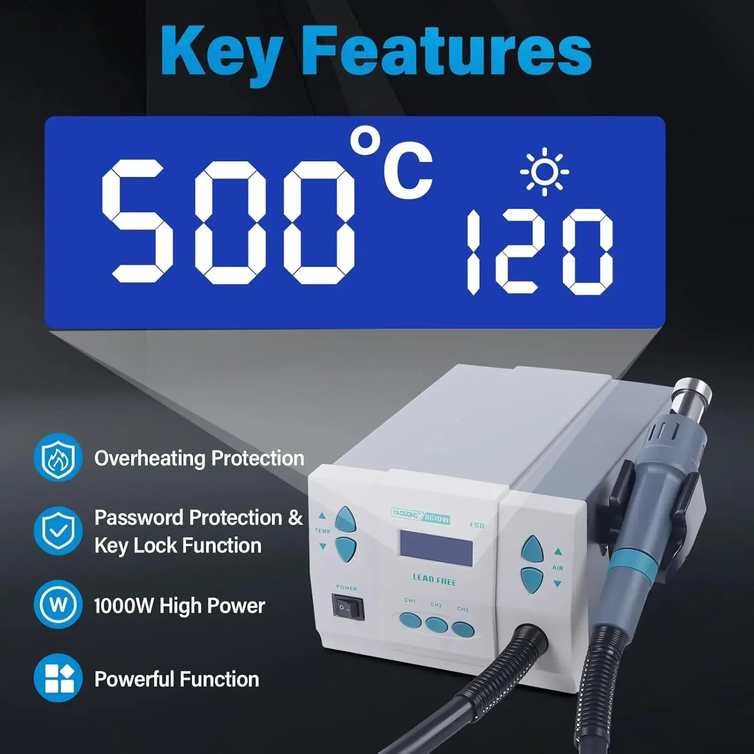 CNCEST Soldering Heat Gun, 1000W Digital Heat Gun Soldering Rework Station AC 110V Large Screen Display 3 Air Nozzles